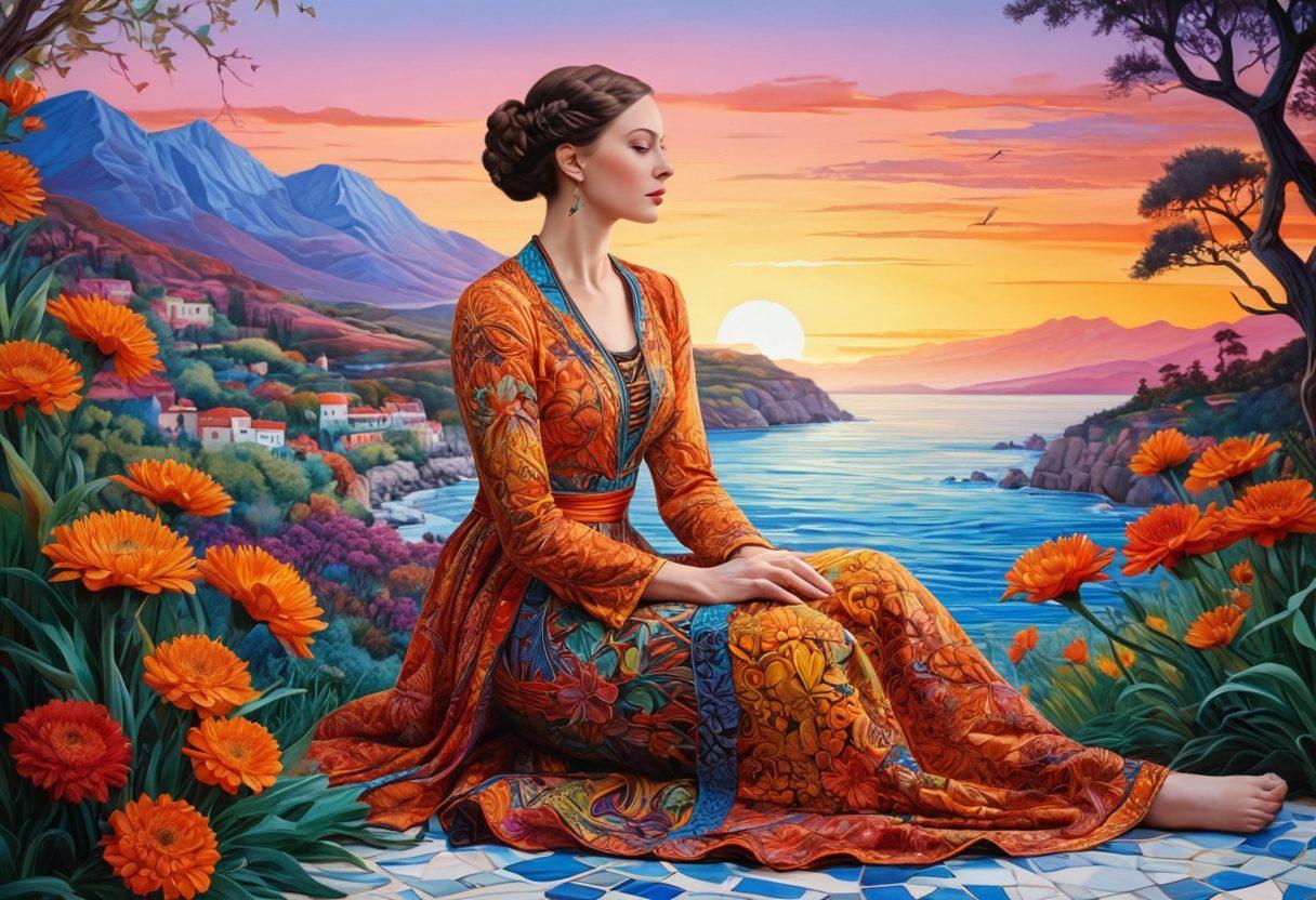 An exquisite mosaic of June Wilkinson's artistic creations, intertwined with vibrant colors and intricate patterns. Showcase her diverse inspirations, such as nature, fashion, and cultural motifs. Include a graceful silhouette of June in the foreground, thoughtfully observing her work. The background should have a soft gradient depicting her artistic journey. 3D, vibrant colors, super-realistic.