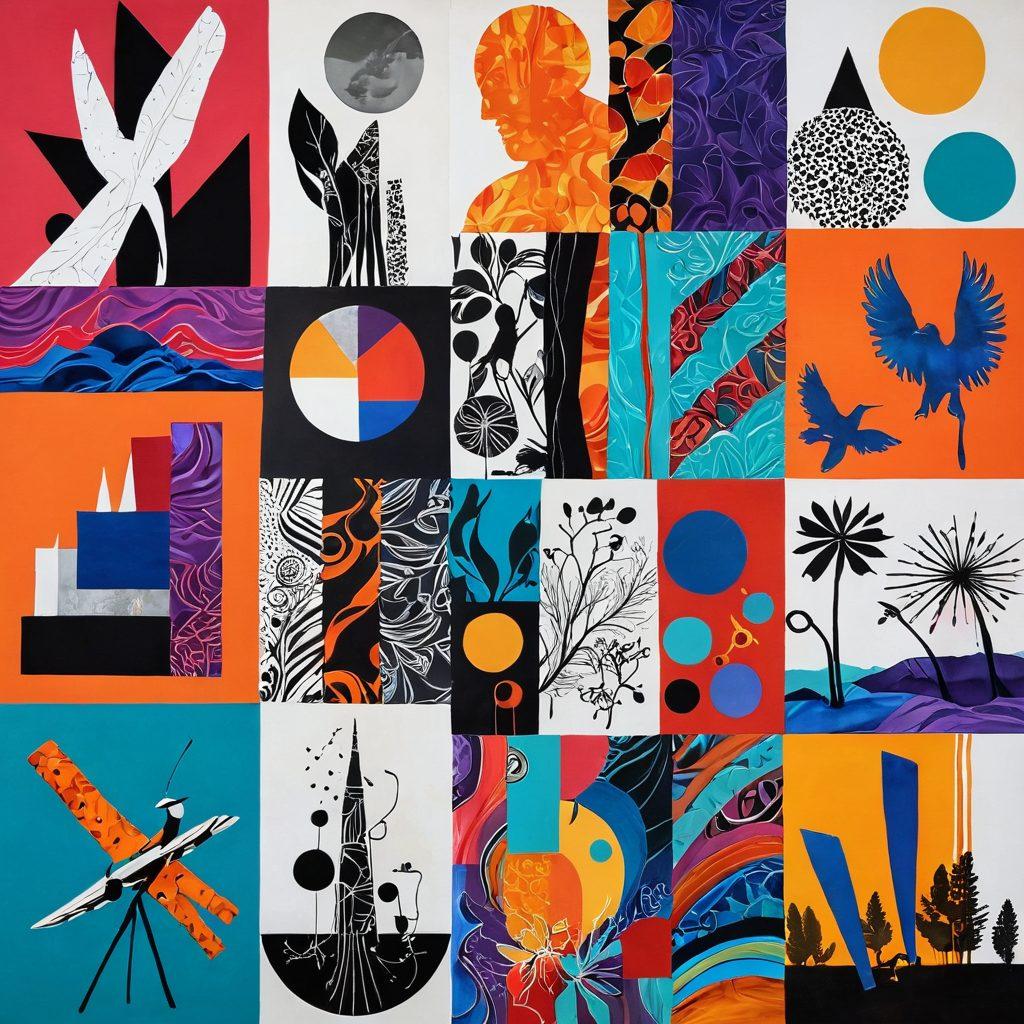 A vibrant and colorful collage showcasing various artworks by June Wilkinson, including abstract paintings, intricate sketches, and bold sculptures. The background features a seamless transition of colors that reflect creativity and inspiration, while soft brushes of light accentuate the textures of each piece. Include elements like art tools and a silhouette of an artist at work to symbolize the journey of creativity. surrealism. vibrant colors. white background.