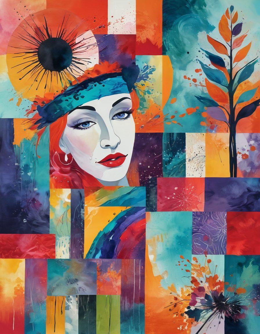 An artistic collage featuring June Wilkinson's vibrant artworks, showcasing various projects and exhibitions. Include abstract designs, bold colors, and glimpses of her creative process with paintbrushes and canvases. Highlight a gallery setting with art pieces elegantly displayed, evoking a sense of inspiration and admiration. Add an ethereal atmosphere with soft lighting to symbolize creativity and passion. vector art. vibrant colors. elegant background.